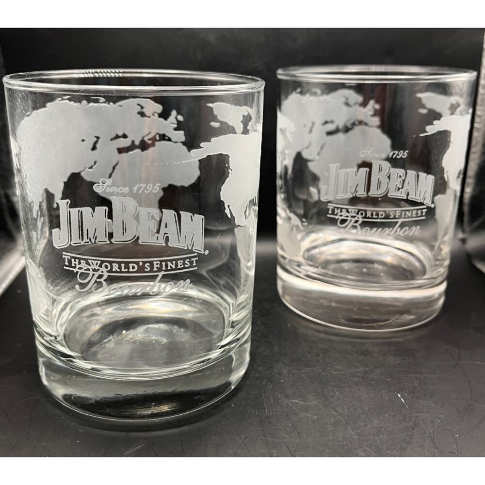 Jim Beam Worlds Finest Bourbon Rocks Glasses Set of 2 Globe Map Etched
